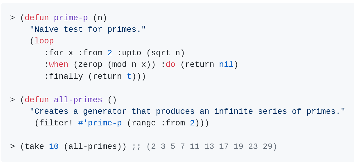 A demonstration using the library to generate lists of primes