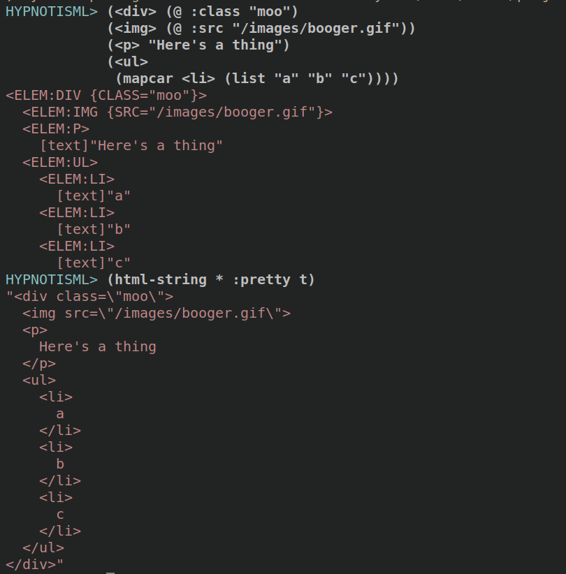 REPL session showing of constructing and printing HTML elements.