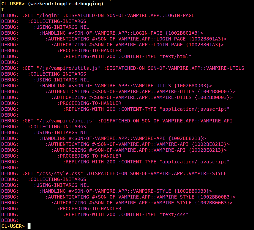 A screen capture showing request handling log during debug mode.